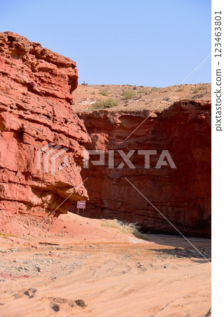 A canyon landscape formed by erosion and wind erosion 123463801