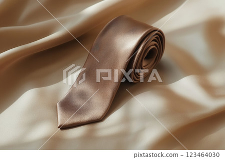 Elegant Rolled Brown Tie on Luxurious Satin Fabric Background Elegant Rolled Brown Tie on Luxurious Satin Fabric Background 123464030