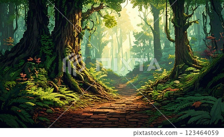 Retro Game Style Natural Pixel Art Background (Deep Forest) Generative AI 123464059