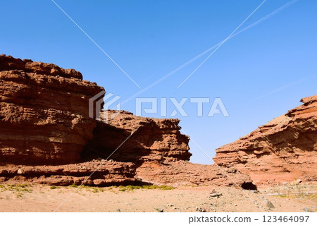 A canyon landscape formed by erosion and wind erosion 123464097