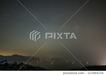 Beautiful spring starry sky over the sea in Bizen, Okayama, Japan 123464156