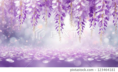 An illustration of wisteria flowers in full bloom swaying on a wisteria trellis and petals fluttering down against a pale purple sparkling background 123464181