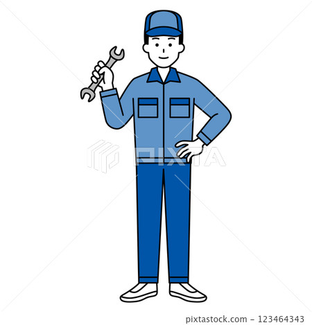 A man in overalls holding a wrench (full body) 123464343