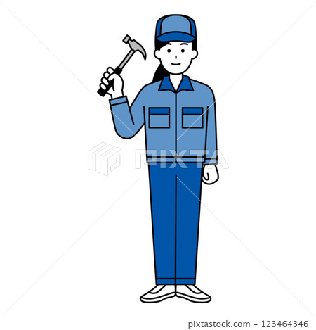Woman in overalls holding a hammer (full body) Woman in overalls holding a hammer (full body) 123464346