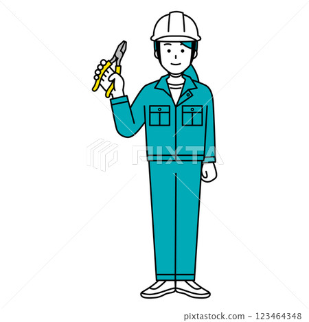 Female worker holding pliers (full body) 123464348
