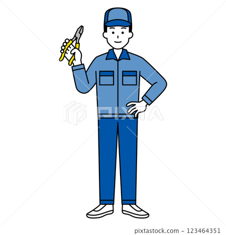 A man in overalls holding pliers (full body) 123464351