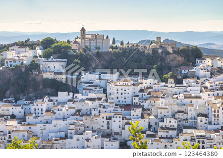 Casares town in Andalusia, Spain, Europe. Whitewashed village nestled on a hillside, overlooking a mountain range. A picturesque scene of traditional architecture and natural beauty. 123464380