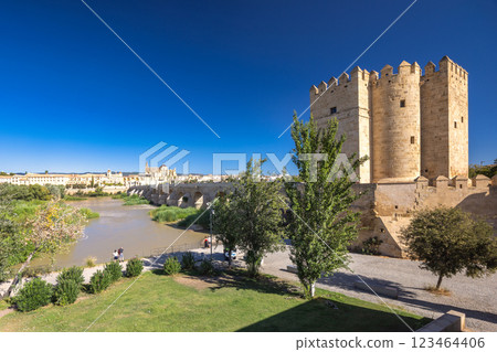 The Calahorra Tower on a one side of the Roman Bridge in Cordoba town in Spain. Ancient stone bridge and tower overlooking a calm river. Historic architecture under a clear blue sky. The Calahorra Tower on a one side of the Roman Bridge in Cordoba town in Spain. Ancient stone bridge and tower overlooking a calm river. Historic architecture under a clear blue sky. 123464406
