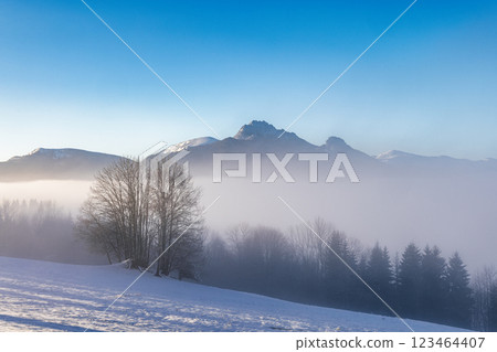 Snowy winter landscape in a misty sunny morning. The Mala Fatra national park in northwest of Slovakia, Europe. Snowy winter landscape in a misty sunny morning. The Mala Fatra national park in northwest of Slovakia, Europe. 123464407