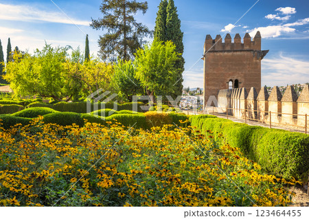 Alhambra complex in Granada town, Andalusia, Spain. Sunlit garden with yellow flowers and ancient stone wall. 123464455