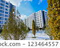 From behind the coniferous trees, you can see the houses of the residential complex of modern architecture in white and gray with large windows against the blue sky. The concept of a complex for 123464557