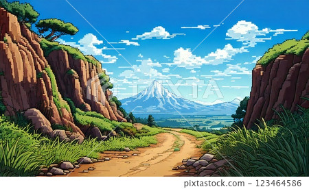 復古遊戲風格自然像素藝術背景（山路）生成式人工智慧 123464586