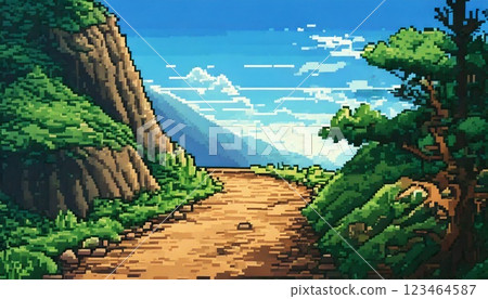 復古遊戲風格自然像素藝術背景（山路）生成式人工智慧 123464587