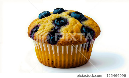 A blueberry muffin on a white plate with a white background 123464996
