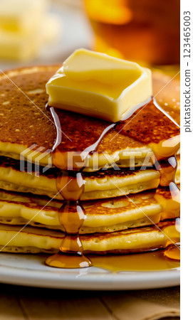 A stack of pancakes with butter and syrup on top 123465003