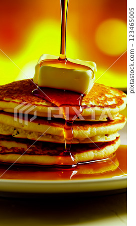 A stack of pancakes with syrup being poured on top 123465005