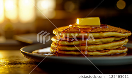 A stack of pancakes with butter and syrup on a plate A stack of pancakes with butter and syrup on a plate 123465011