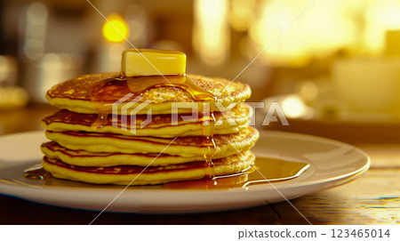 A stack of pancakes with butter and syrup on a plate A stack of pancakes with butter and syrup on a plate 123465014