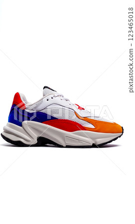 A pair of white and orange sneakers on a white background A pair of white and orange sneakers on a white background 123465018