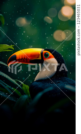A toucan bird sitting on top of a lush green plant A toucan bird sitting on top of a lush green plant 123465031