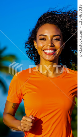 A woman in an orange shirt smiles at the camera A woman in an orange shirt smiles at the camera 123465039