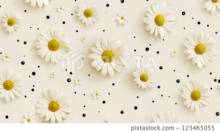 A bunch of white daisies on a white background with black dots A bunch of white daisies on a white background with black dots 123465055