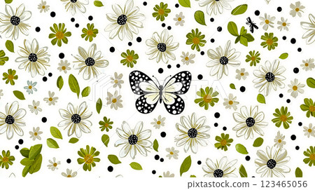 A pattern of white flowers and a black and white butterfly A pattern of white flowers and a black and white butterfly 123465056