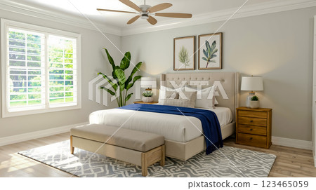 A bedroom with a bed nightstands and a bench in it 123465059