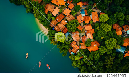 Aerial view of a small town surrounded by trees and boats Aerial view of a small town surrounded by trees and boats 123465065