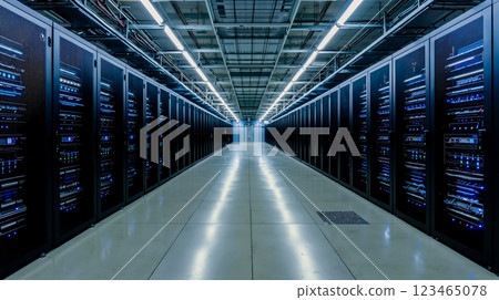 A long row of servers in a server room A long row of servers in a server room 123465078