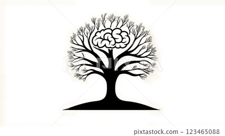 A black and white image of a tree with a brain on it A black and white image of a tree with a brain on it 123465088