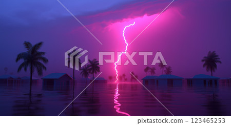 Vibrant lightning strikes over flooded tropical landscape at night 123465253