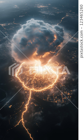 Aerial view of night hurricane with dramatic lightning strike 123465260