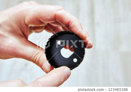 Metal hole saw attachment with mounting holes for drill. Metal hole saw attachment with mounting holes for drill. 123465386