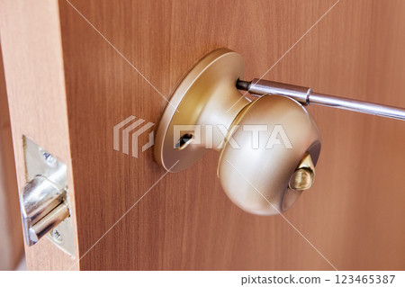 Brass doorknob is being secured to wooden door with screwdriver tightening mounting screws. 123465387