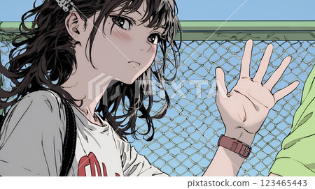 A young woman showing her palm towards the other person to indicate her refusal 123465443