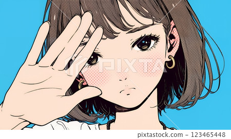 一名年輕女子將手掌朝向對方，表示拒絕 123465448