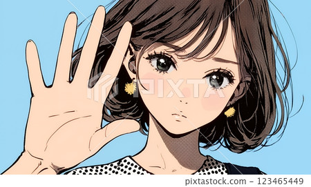 一名年輕女子將手掌朝向對方，表示拒絕 123465449