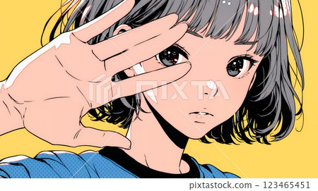 A young woman showing her palm towards the other person to indicate her refusal 123465451