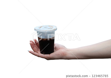 Close up woman hand holding a plastic glass Iced black coffee isolated on white background with clipping path Close up woman hand holding a plastic glass Iced black coffee isolated on white background with clipping path 123465785
