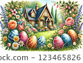 Easter landscape painted in watercolor 123465826