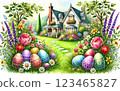 Easter landscape painted in watercolor 123465827