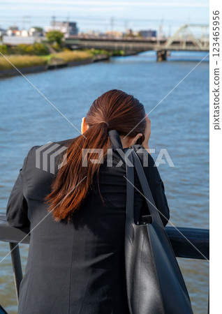 Businesswoman on a bridge at dusk 123465956