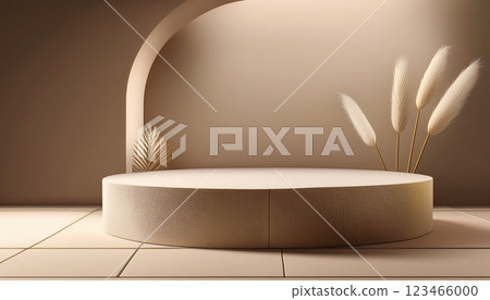 3d rendering earth tone of podium platform for social media cosmetic product showcase on brown geometric cylinder shapes with leaves and wildflower grass in natural sunlight on brown curve wall 123466000
