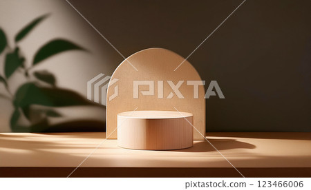 3d rendering earth tone of podium platform for social media cosmetic product showcase on brown geometric cylinder shapes with leaves and shadow in natural sunlight on wooden stage 123466006