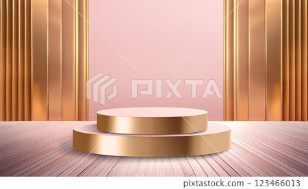 3d rendering pink and gold podium platform for social media cosmetic product showcase on geometric cylinder shapes in sparkle light with curtain wall on wooden floor 123466013