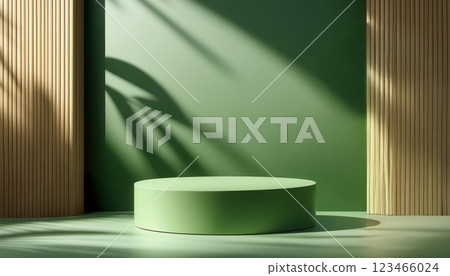 3d rendering green podium platform for social media cosmetic product showcase on geometric cylinder shapes and wooden background in natural sunlight with palm leaf. Christmas holiday 123466024