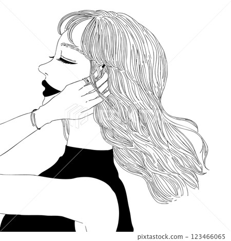 Monochrome line drawing of a woman with smooth hair, magazine, design, fashion 123466065