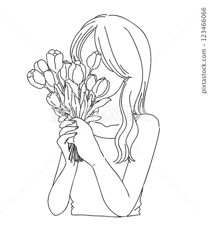拿著鬱金香的女孩的線條畫插圖,時尚,標籤設計,卡片設計 拿著鬱金香的女孩的線條畫插圖,時尚,標籤設計,卡片設計 123466066