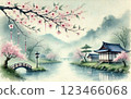 Watercolor Japanese landscape 123466068